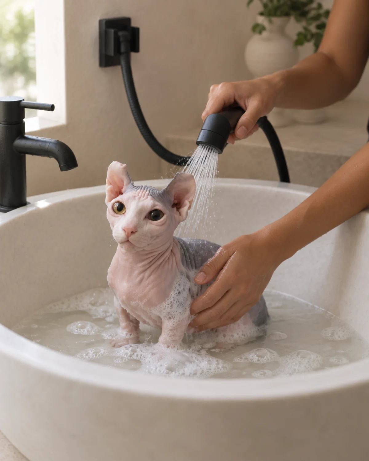 A short-legged Sphynx kitten being bathed in a stone basin