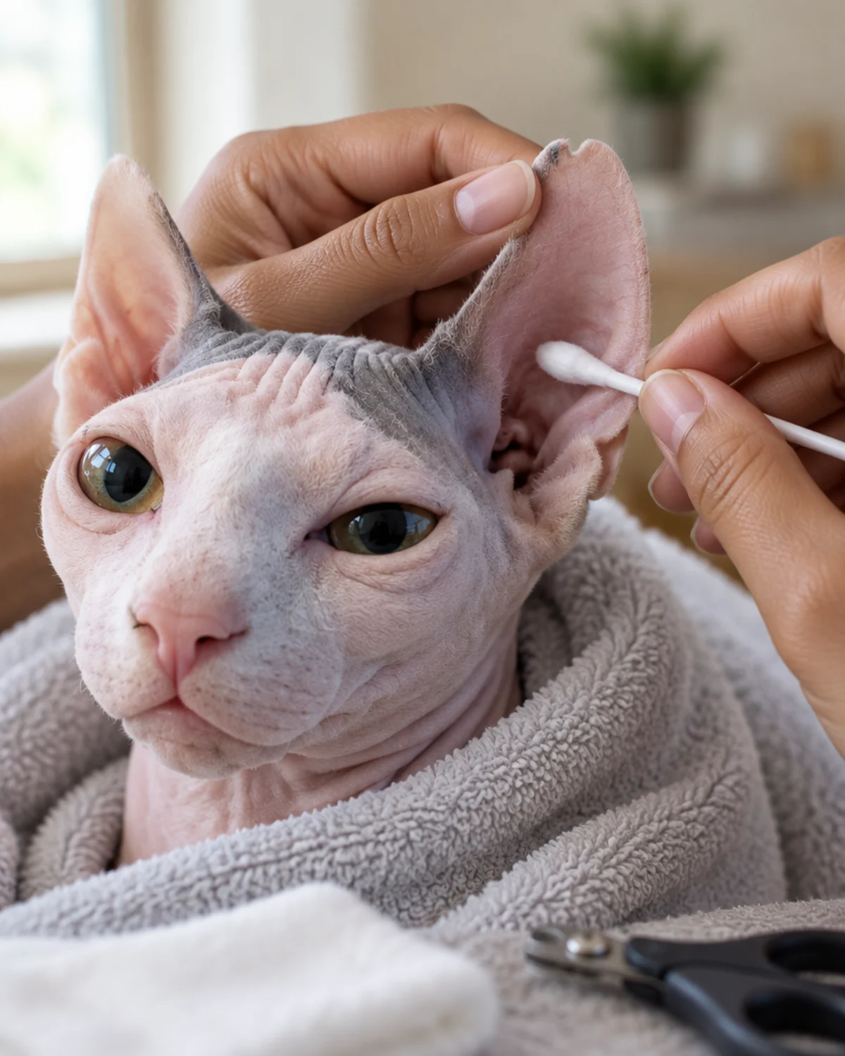 Close-up of a Sphynx cat's ear being cleaned with a cotton swab