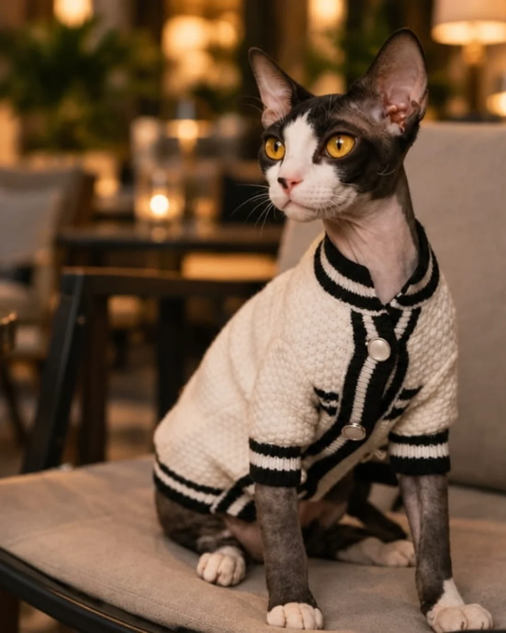 A Sphynx cat in a knit cardigan sitting on a chair in a warm indoor lounge