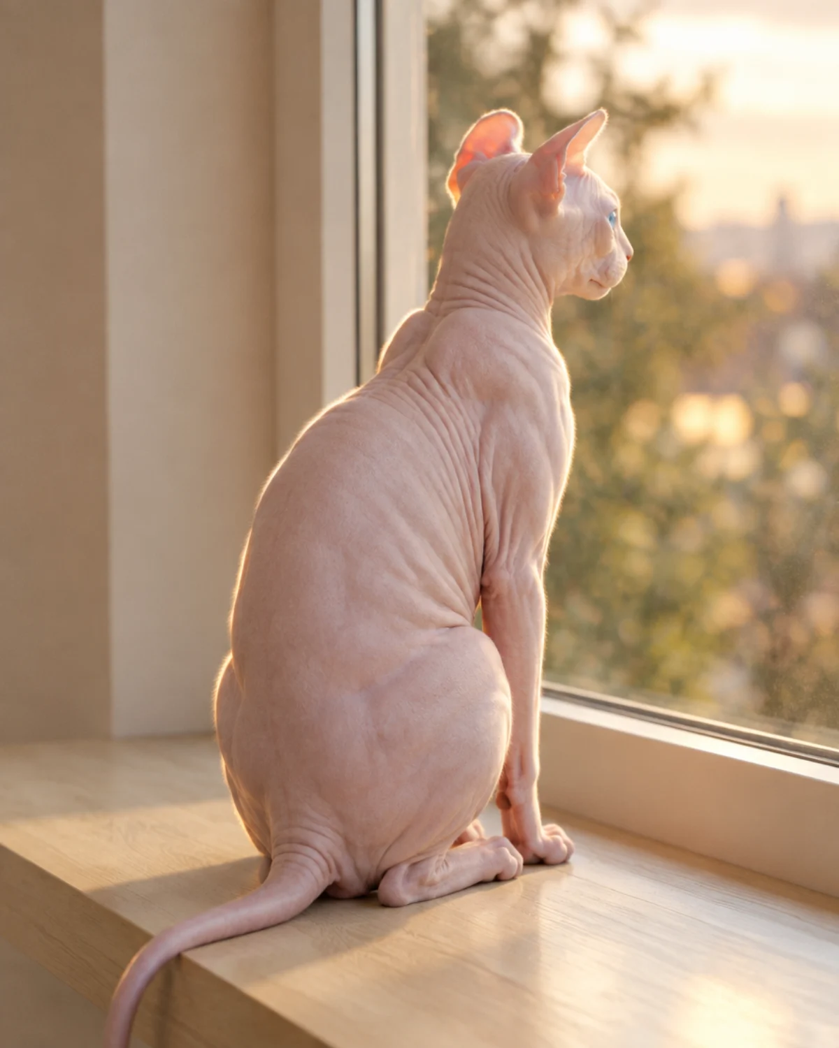 A hairless Sphynx cat on a windowsill in afternoon light
